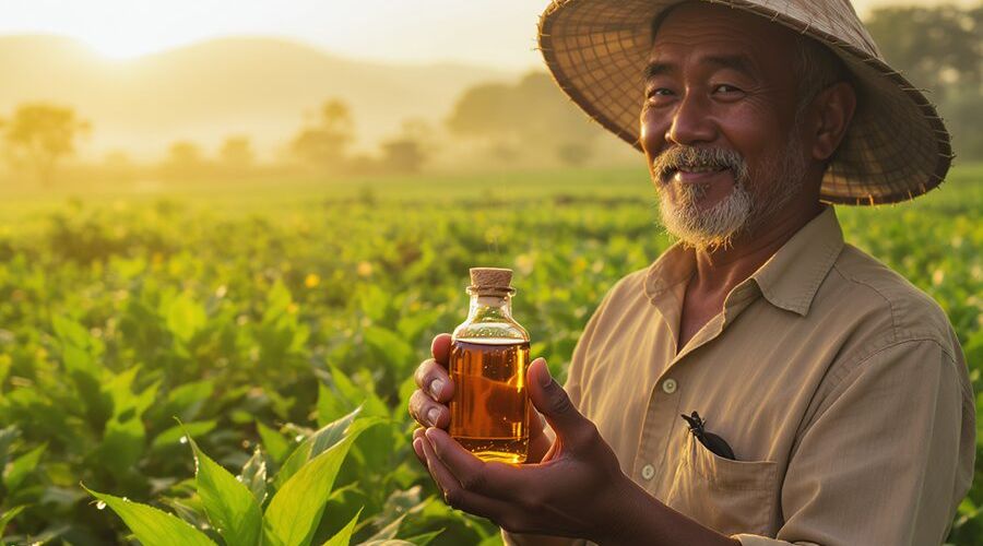 Dầu neem và vi sinh trong nông nghiệp bền vững tại Việt Nam - nông dân Việt cầm chai dầu neem thủy tinh nâu
