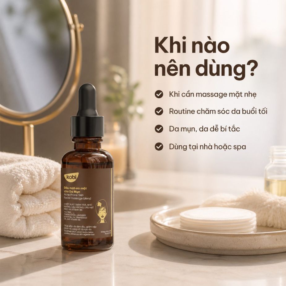 Dầu massage mặt Kobi Acne Prone phù hợp khi da mụn cần được chăm sóc nhẹ và tránh tác động mạnh.