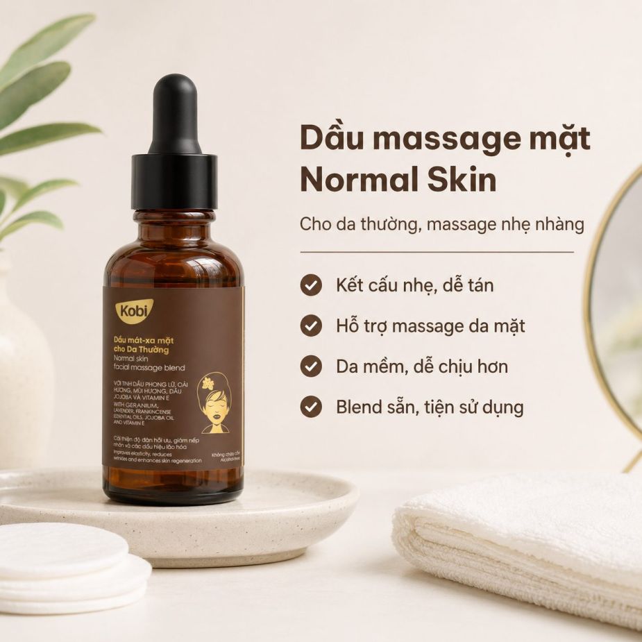 Dầu massage mặt Kobi Normal Skin 100ml cho da thường, hỗ trợ dưỡng ẩm và massage chăm sóc da mặt.