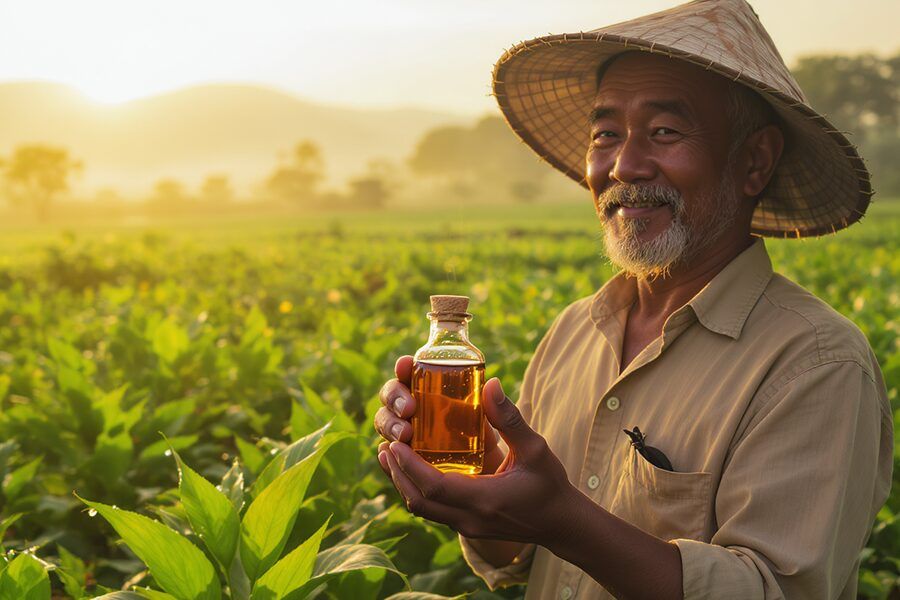 Dầu neem và vi sinh trong nông nghiệp bền vững tại Việt Nam - nông dân Việt cầm chai dầu neem thủy tinh nâu