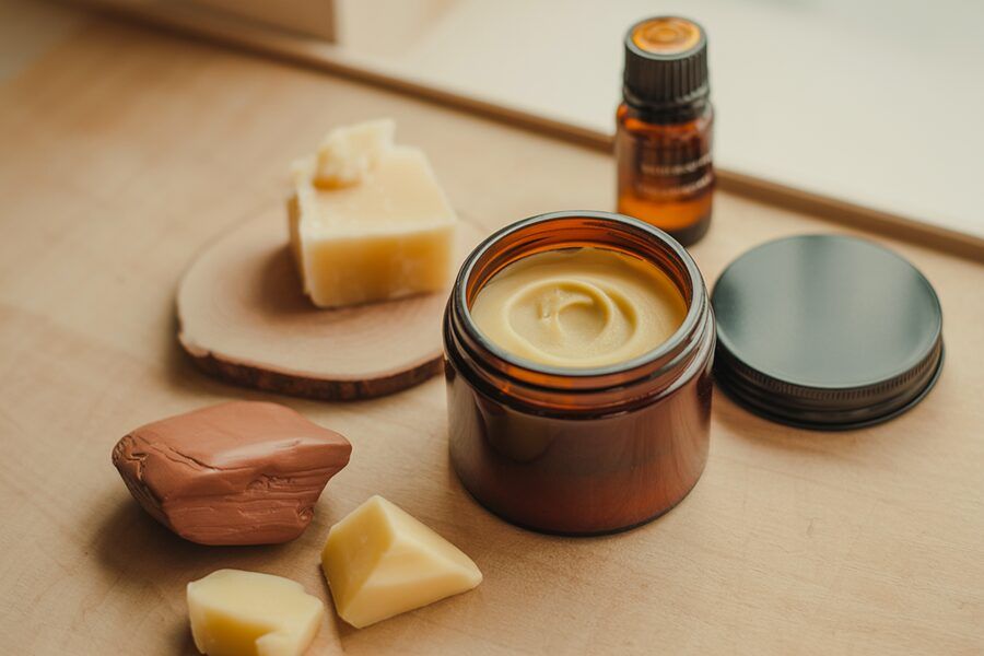 Sáp vuốt tóc tự nhiên cùng nguyên liệu như sáp ong, dầu argan và đất sét