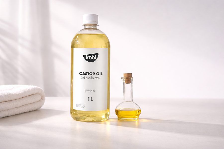 Công dụng của dầu thầu dầu trong chăm sóc cá nhân với chai dầu đặt trên nền sạch tối giản
