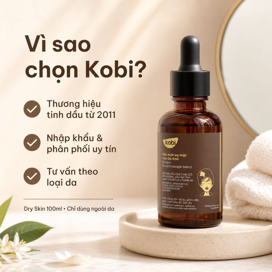 Dầu massage mặt Kobi Dry Skin từ Kobi, phù hợp chăm sóc da khô với tư vấn theo loại da.