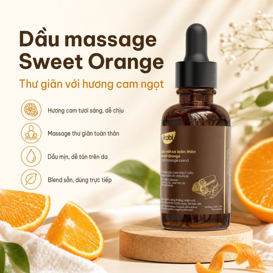Dầu massage toàn thân Kobi Sweet Orange 100ml mang hương cam ngọt dễ chịu giúp thư giãn cơ thể.
