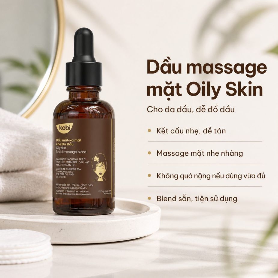 Dầu massage mặt Kobi Oily Skin 100ml cho da dầu, hỗ trợ massage chăm sóc da mặt nhẹ nhàng.