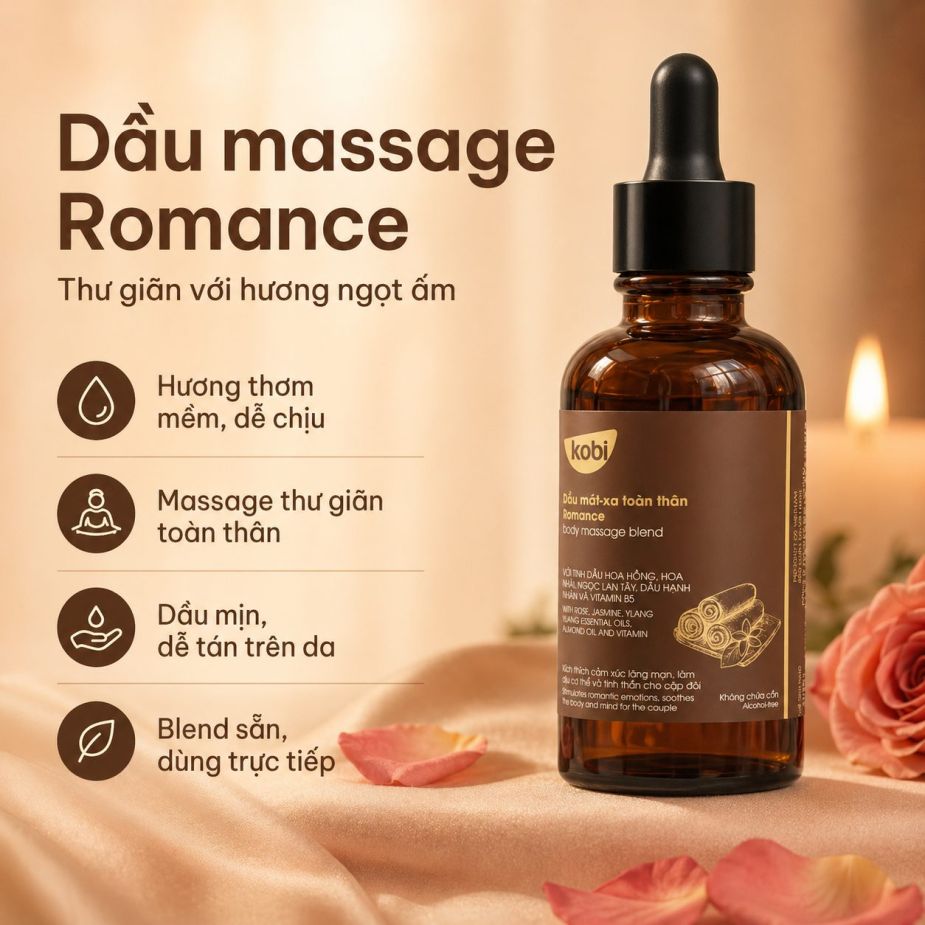 Dầu massage toàn thân Kobi Romance 100ml mang hương ngọt ấm giúp tạo cảm giác thư giãn dễ chịu.