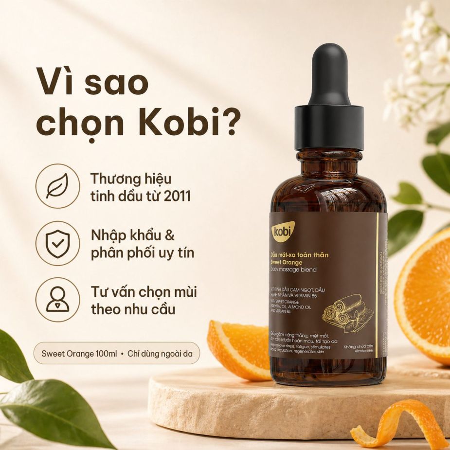 Dầu massage Kobi Sweet Orange được Kobi tư vấn theo nhu cầu, đóng gói cẩn thận và hỗ trợ nhanh.