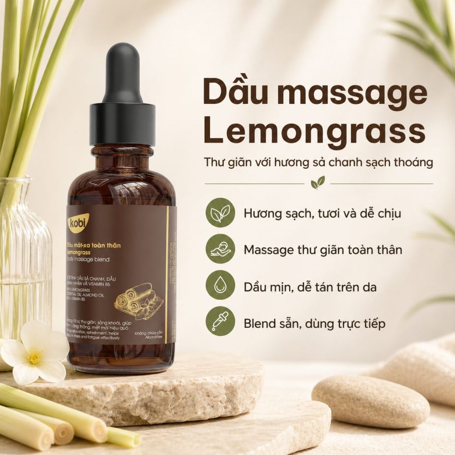 Dầu massage toàn thân Kobi Lemongrass 100ml giúp thư giãn cơ thể với hương sả chanh sạch thoáng.