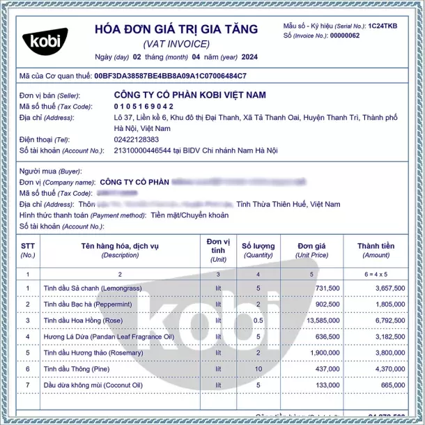 Hóa đơn giá trị gia tăng (VAT) của Kobi Việt Nam – minh chứng giao dịch minh bạch, hợp lệ cho từng đơn hàng tinh dầu.
