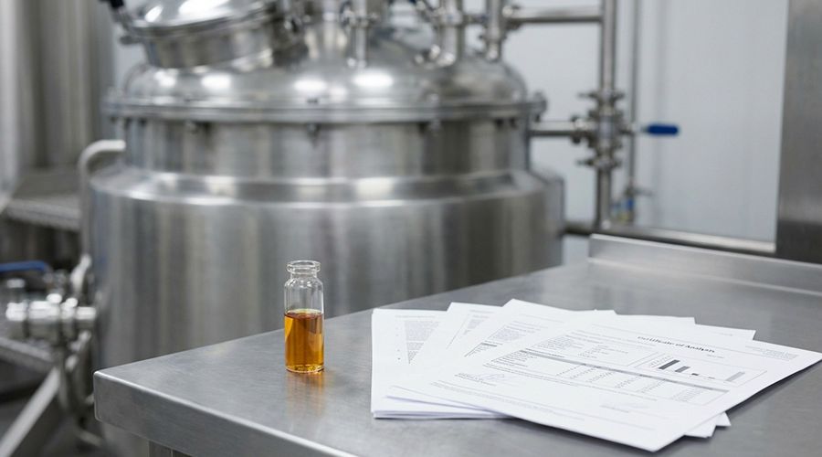 Tinh dầu thực phẩm trong môi trường sản xuất bánh kẹo công nghiệp với bồn trộn inox và hồ sơ kỹ thuật COA