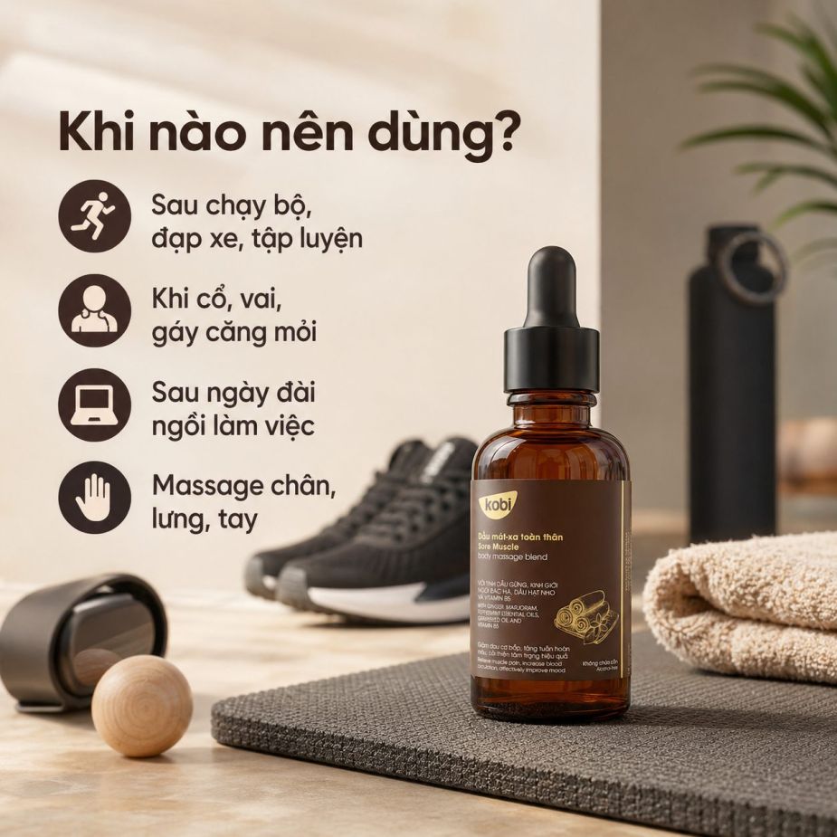 Dầu massage Kobi Sore Muscle phù hợp dùng sau khi chạy bộ, đạp xe, tập luyện hoặc vận động nhiều.