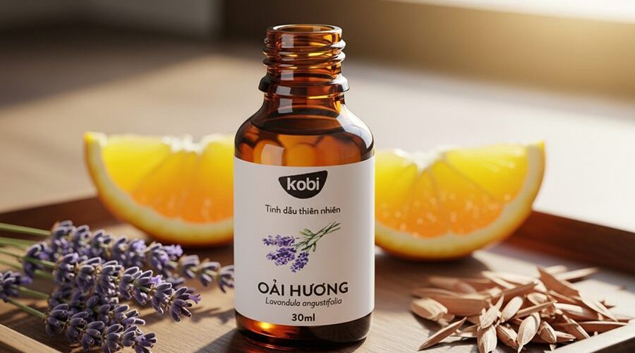 Công thức tinh dầu – chai tinh dầu màu hổ phách bên ánh sáng ấm