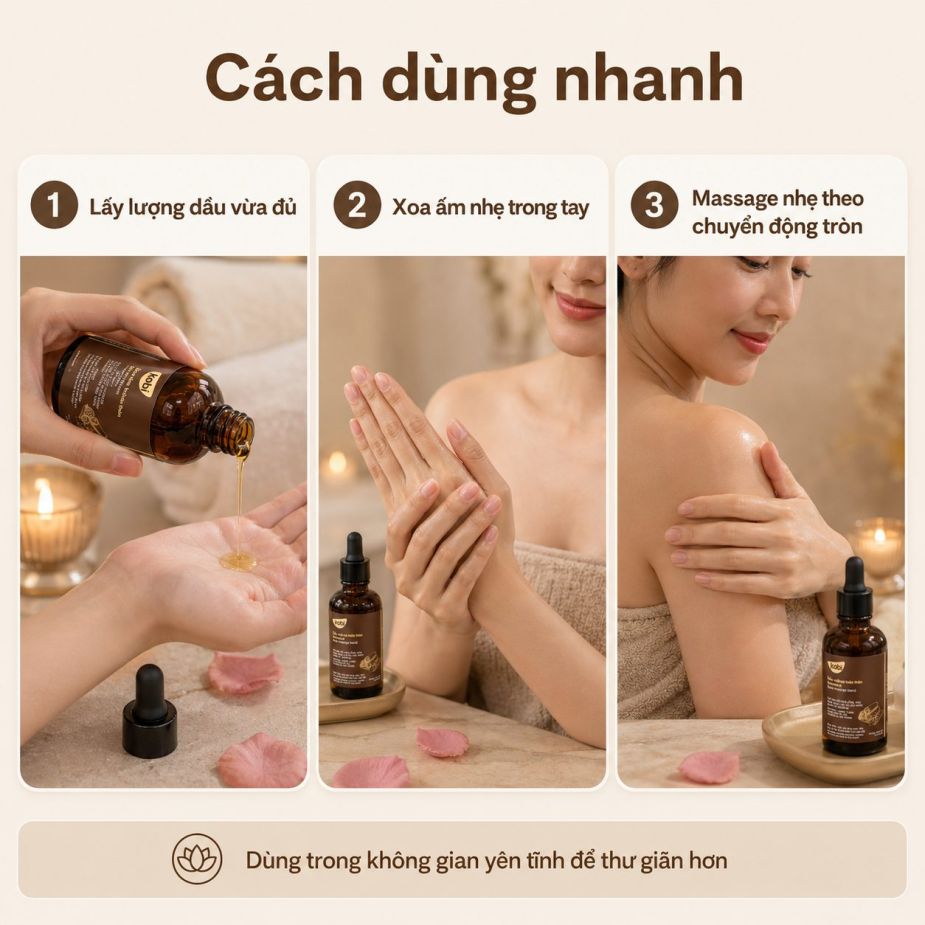 Hướng dẫn dùng dầu massage Kobi Romance bằng cách lấy dầu, xoa ấm và massage nhẹ nhàng lên da.