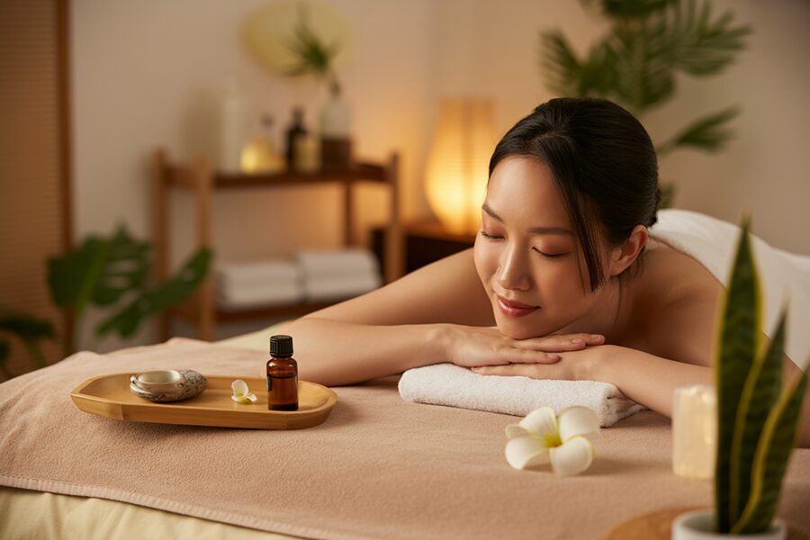 Người phụ nữ thư giãn khi massage bằng tinh dầu long não trong không gian ấm áp