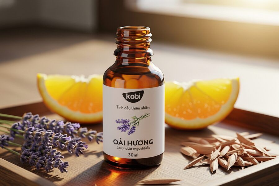 Công thức tinh dầu – chai tinh dầu màu hổ phách bên ánh sáng ấm