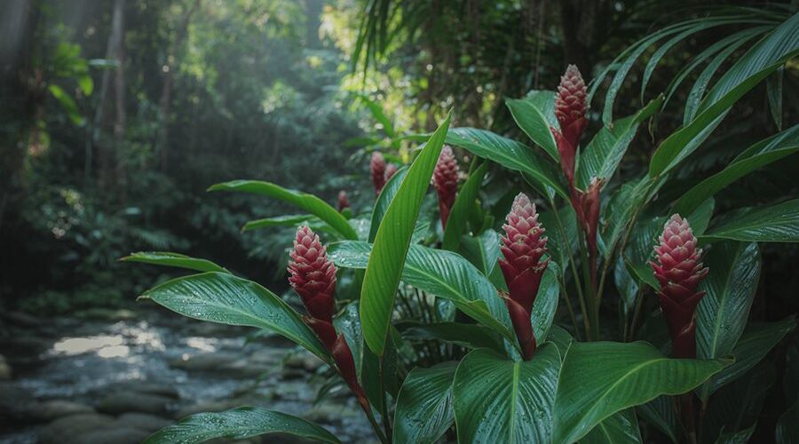 Hình ảnh cây gừng gió trong rừng nhiệt đới với lá xanh và hoa hình nón đỏ.