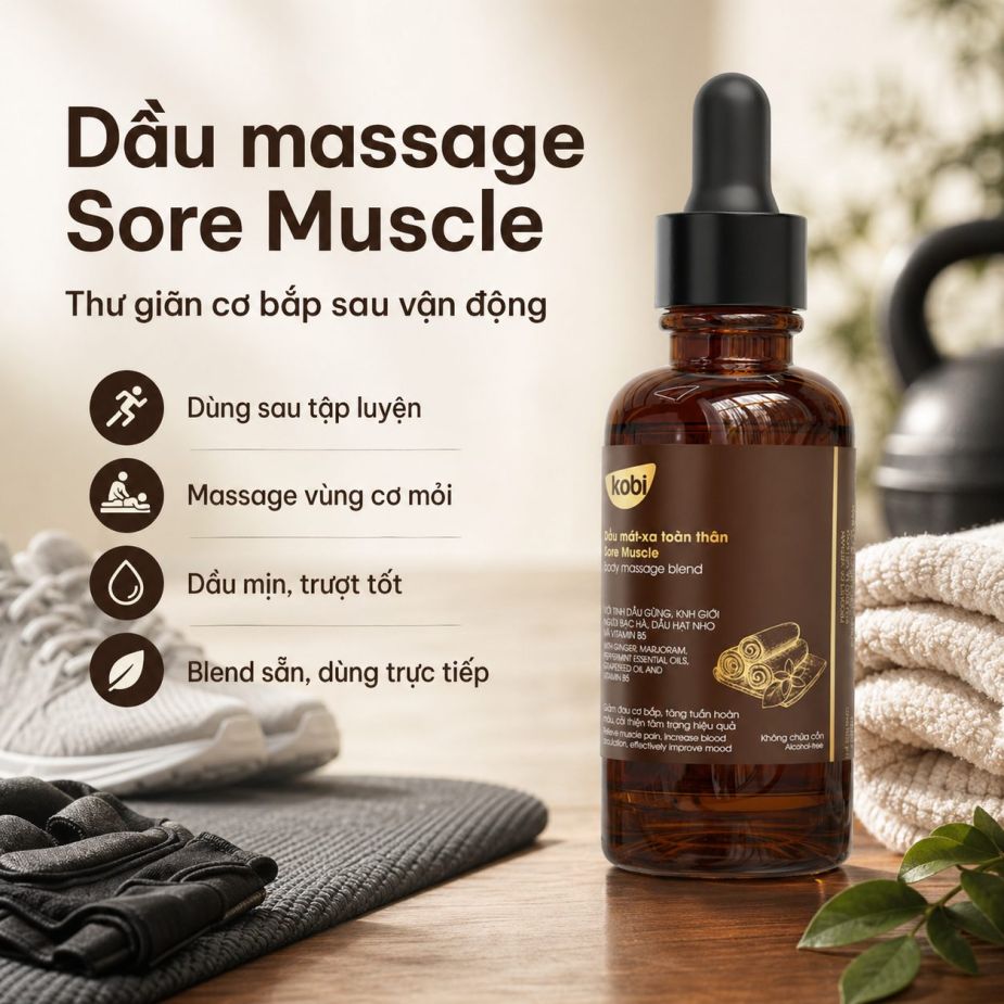 Dầu massage toàn thân Kobi Sore Muscle 100ml giúp thư giãn cơ bắp sau vận động.