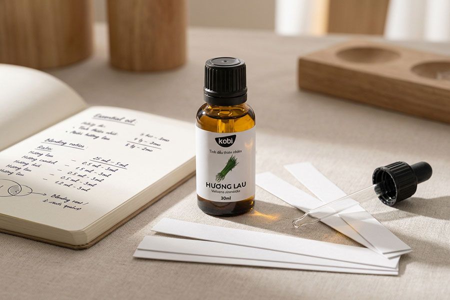 blend tinh dầu cơ bản với chai tinh dầu Kobi và giấy thử mùi