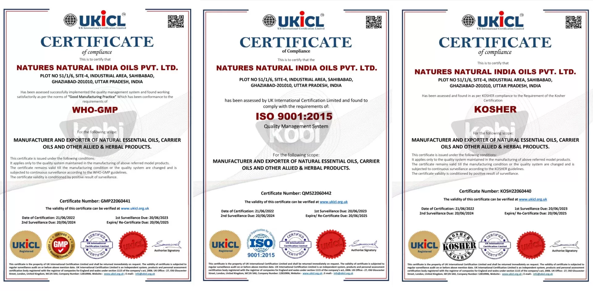 Bộ chứng nhận WHO-GMP, HACCP và HALAL của nhà cung cấp tinh dầu – đảm bảo quy trình sản xuất đạt chuẩn quốc tế về vệ sinh, an toàn và chất lượng.