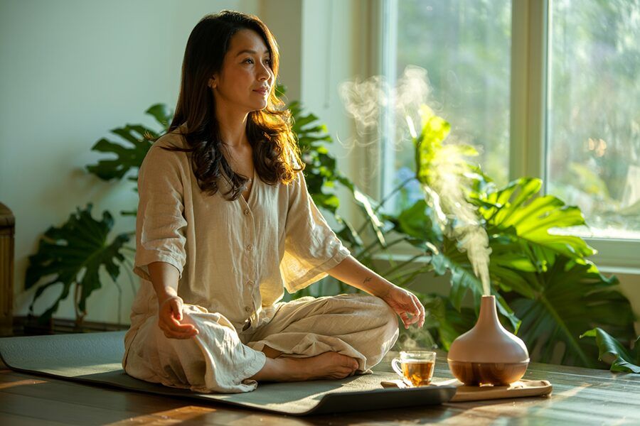 Cô gái Việt Nam ngồi thiền bên cửa sổ, xung quanh là tinh dầu thiên nhiên và cây xanh