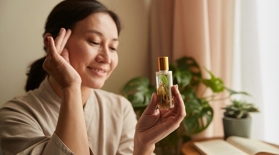 Người trung niên thư giãn với dầu lăn nhân sâm buổi sáng