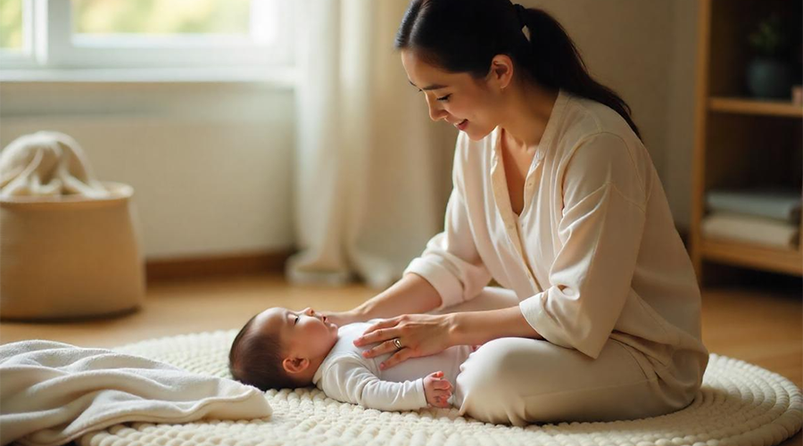 Mẹ đang massage cho bé bằng dầu massage em bé