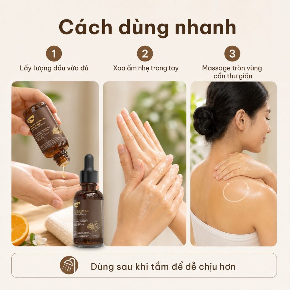 Cách sử dụng dầu massage Kobi Sweet Orange bằng cách xoa ấm dầu và massage lên cổ vai lưng tay chân.