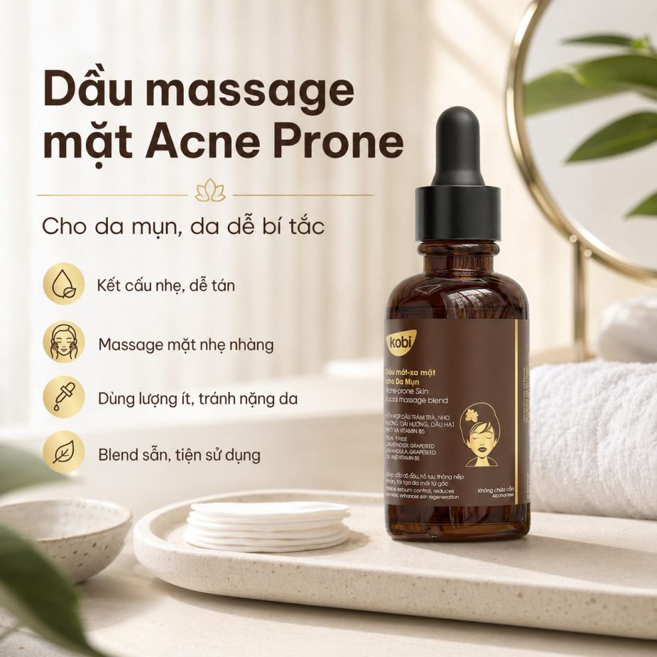 Dầu massage mặt Kobi Acne Prone 100ml cho da mụn, hỗ trợ massage chăm sóc da mặt nhẹ nhàng.