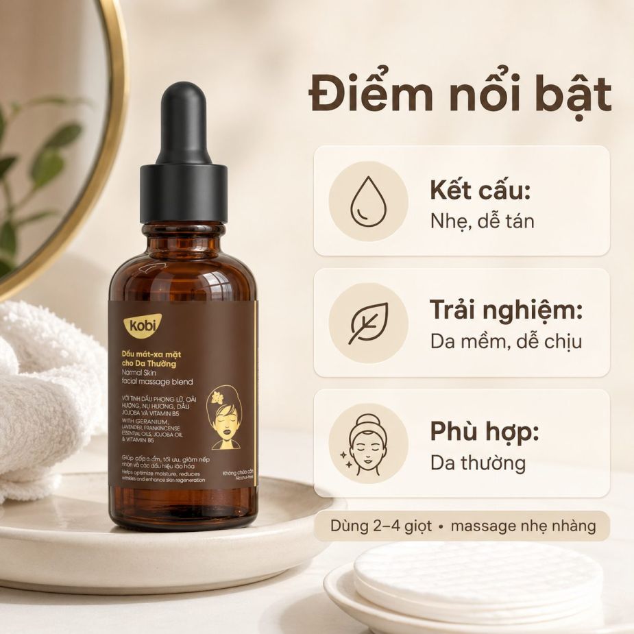 Dầu massage mặt Kobi Normal Skin có công thức blend sẵn, dễ dùng cho da thường.
