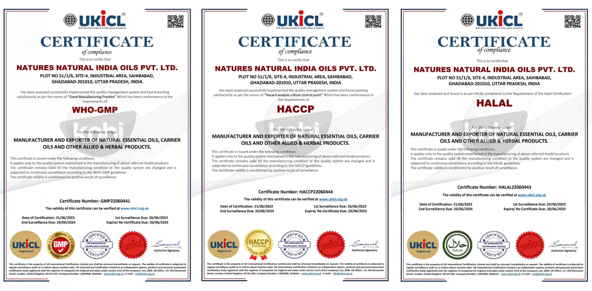 Bộ chứng nhận ISO 9001:2015, HALAL và WHO-GMP của Kanth Saanvi Essentials – xác nhận tiêu chuẩn quản lý, sản xuất và vệ sinh nghiêm ngặt.