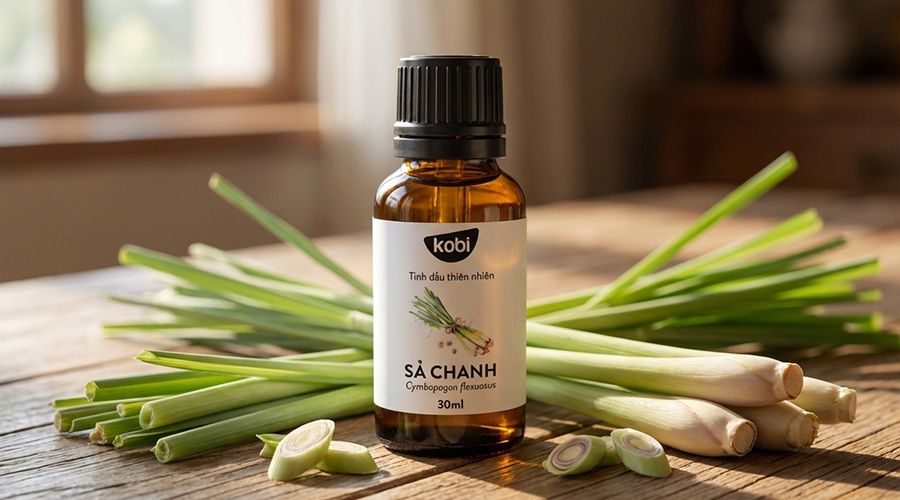 Tinh dầu sả chanh có uống được không – chai tinh dầu sả chanh và lá sả tươi