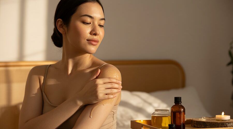 Người phụ nữ đang massage vai với dầu massage thiên nhiên trong không gian ấm cúng tại nhà