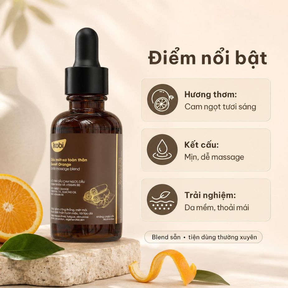 Điểm nổi bật của dầu massage Kobi Sweet Orange với hương cam ngọt, kết cấu mịn và dễ tán.
