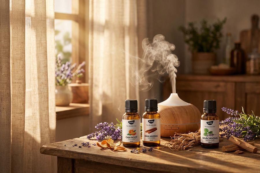 Các loại tinh dầu Kobi như cam ngọt, đàn hương và hoắc hương đặt cạnh máy khuếch tán trong không gian thư giãn buổi tối