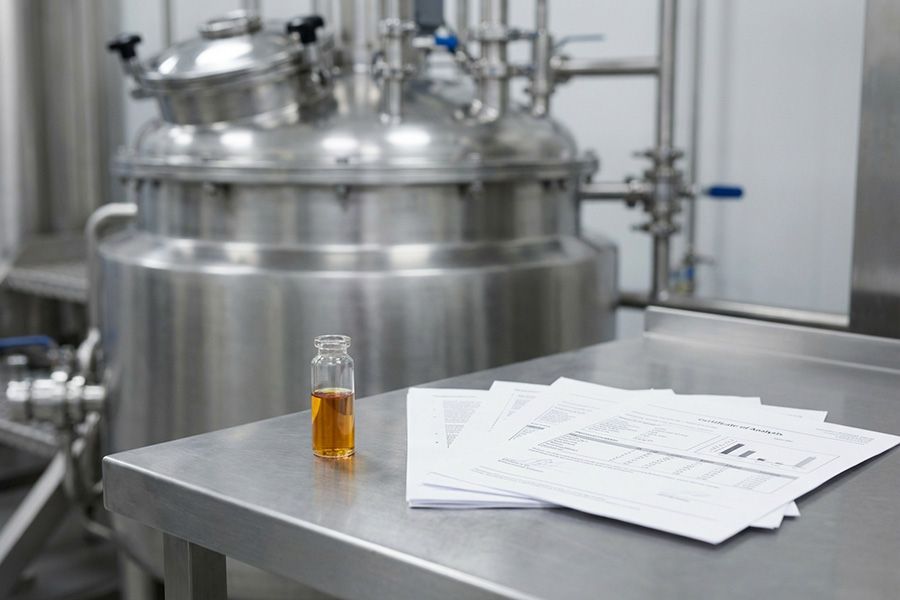 Tinh dầu thực phẩm trong môi trường sản xuất bánh kẹo công nghiệp với bồn trộn inox và hồ sơ kỹ thuật COA