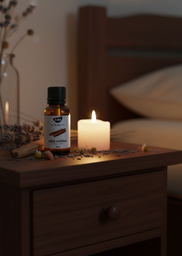 Tinh dầu đàn hương mang đến không gian ấm áp và bình yên cho buổi tối thư giãn.