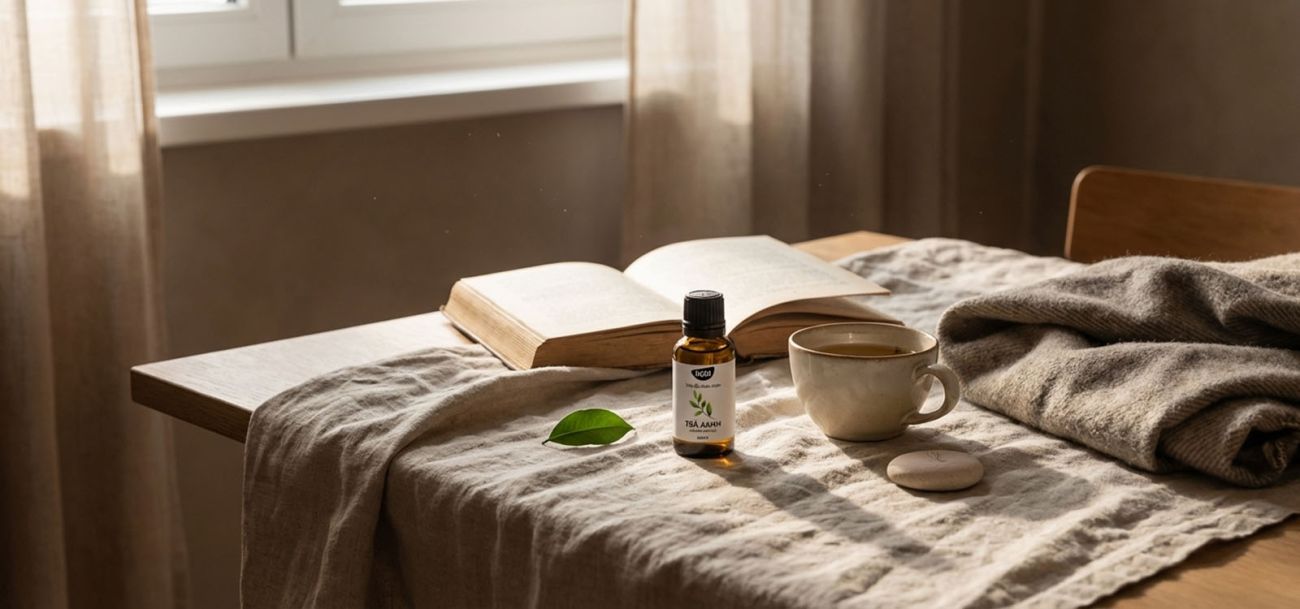 Khoảnh khắc sống chậm trong không gian ấm áp với chai tinh dầu thủy tinh nâu, sách và ánh sáng dịu, gợi câu chuyện đời sống cùng tinh dầu