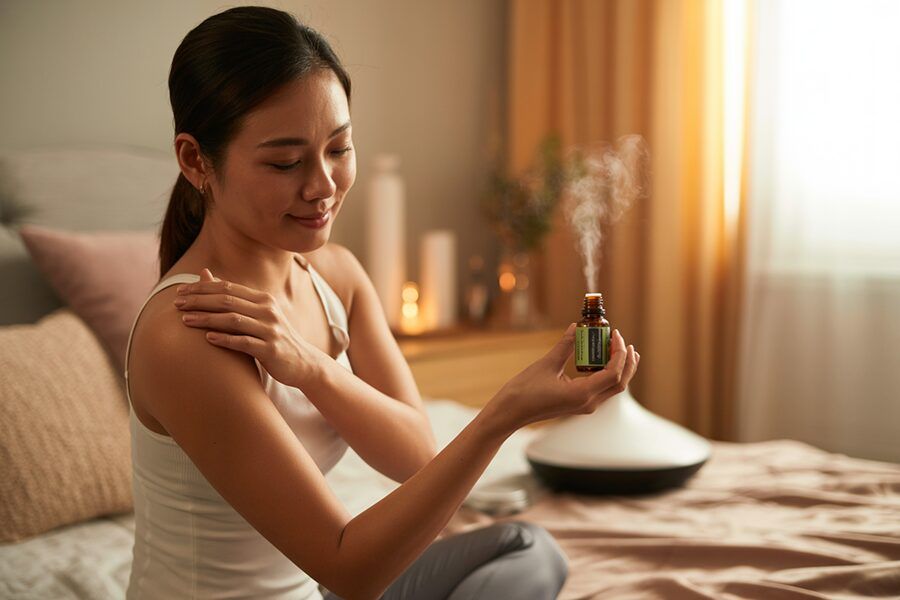 Người phụ nữ Việt đang massage thư giãn tại nhà với ánh sáng dịu nhẹ