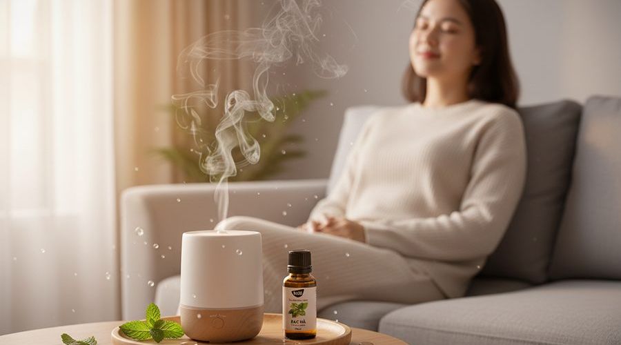 Tinh dầu bạc hà khuếch tán bằng máy diffuser trong không gian phòng khách