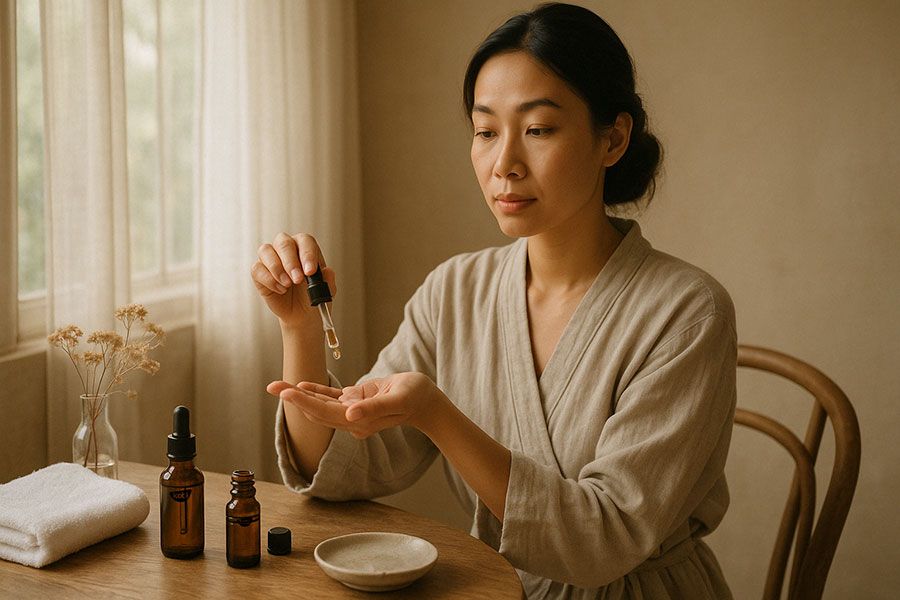 Phụ nữ Việt mở mắt nhẹ nhàng, nhỏ tinh dầu vào lòng bàn tay trong không gian spa tại nhà – hình ảnh đại diện cho chăm sóc da bằng tinh dầu thiên nhiên.