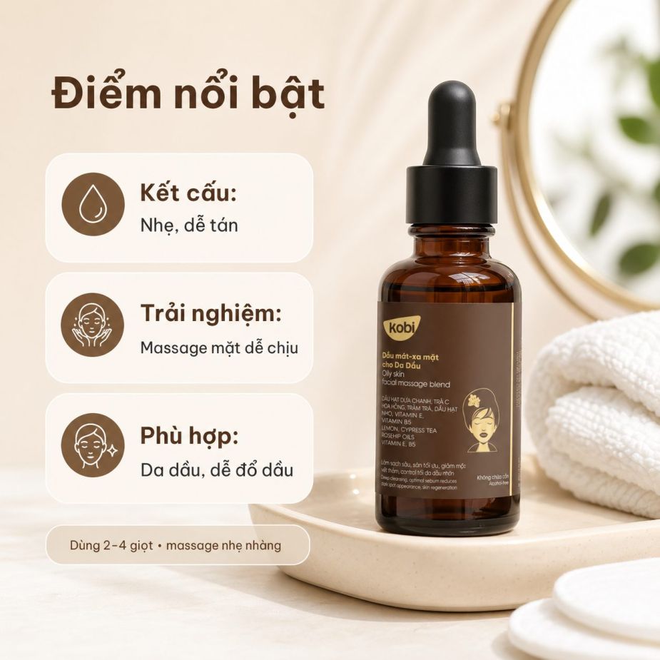 Dầu massage mặt Kobi Oily Skin có kết cấu dễ tán, phù hợp massage cho làn da dầu.