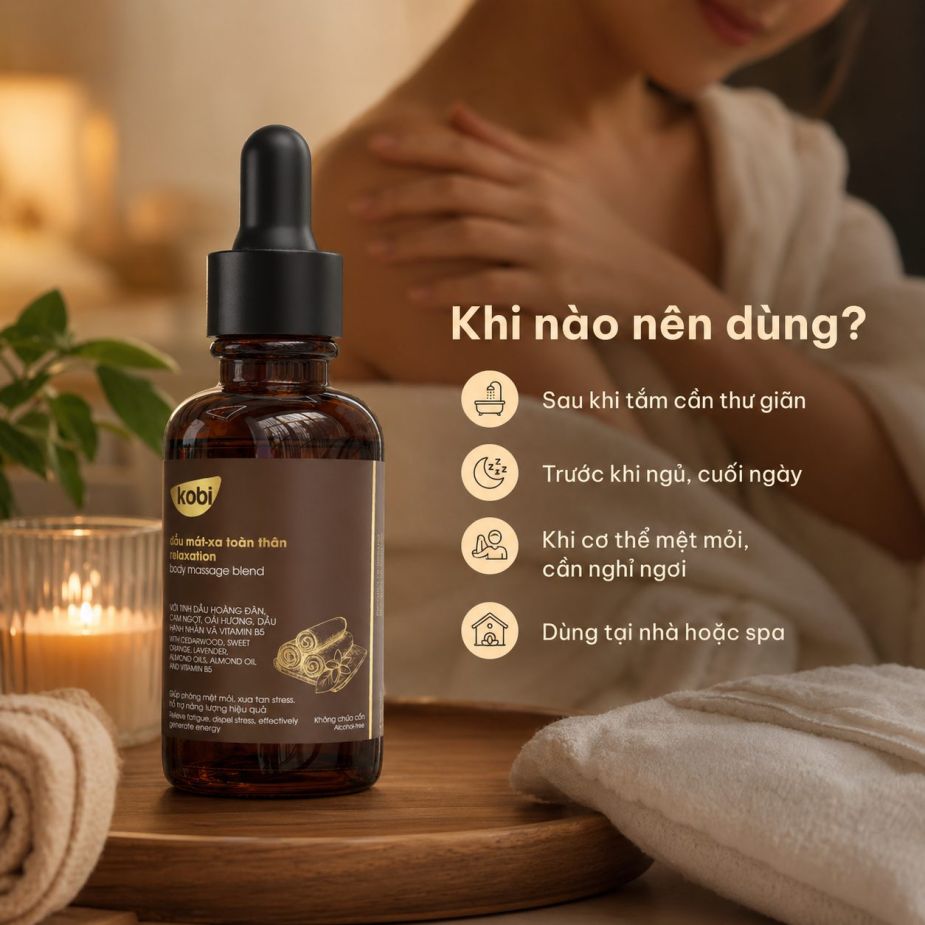 Dầu massage Kobi Relaxation phù hợp dùng khi cơ thể mệt mỏi, cần nghỉ ngơi hoặc massage thư giãn.