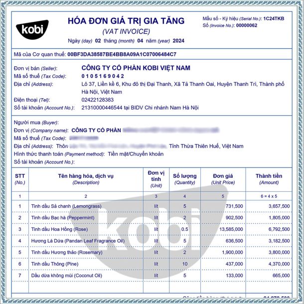 Hóa đơn Giá trị gia tăng Tinh dầu Kobi