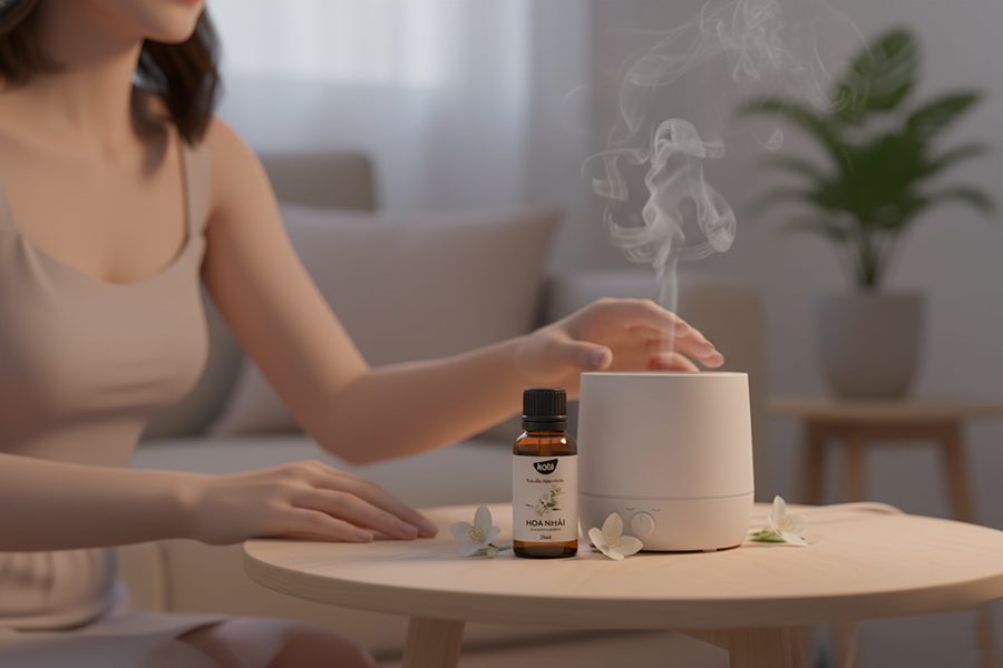 khuếch tán tinh dầu hoa nhài Kobi bằng máy xông trong không gian phòng khách