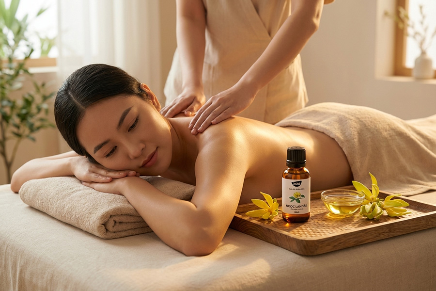 Massage thư giãn với tinh dầu Ngọc Lan Tây Kobi trong không gian spa, chai tinh dầu đặt cạnh hoa ylang ylang trên khay gỗ