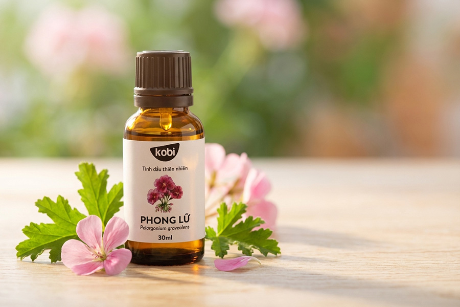 Chai tinh dầu Phong Lữ Kobi (Geranium Essential Oil) đặt trên bàn gỗ, phía trước có hoa phong lữ màu hồng và lá xanh.