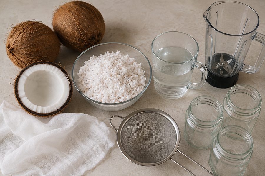 Dừa già, nước nóng, máy xay, vải lọc và hũ thủy tinh sạch