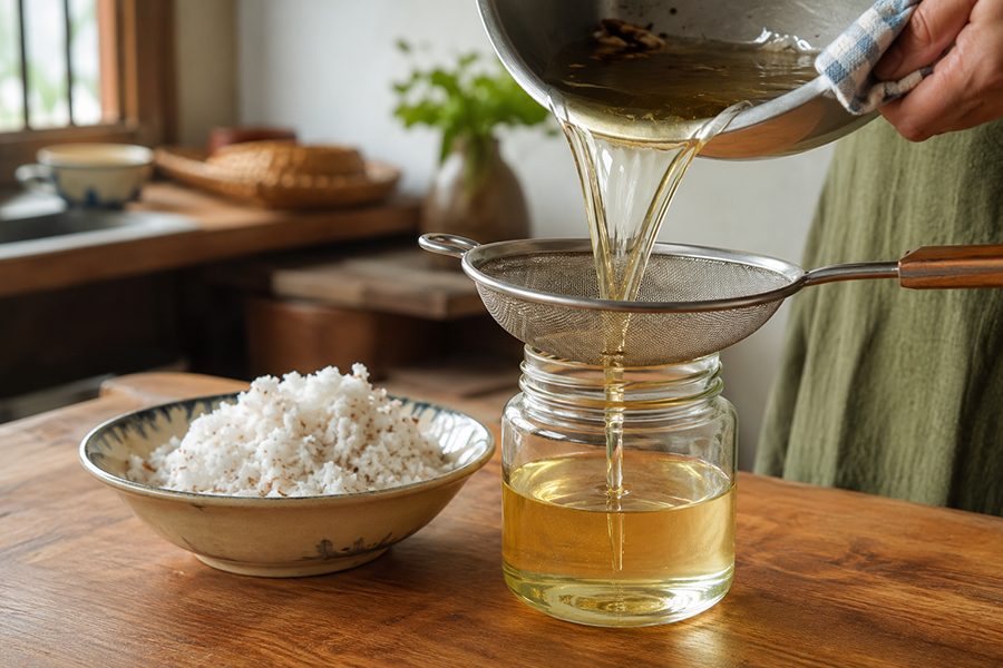 Lọc dầu dừa thành phẩm vào hũ thủy tinh khô sạch