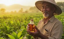 Dầu neem và vi sinh trong nông nghiệp bền vững tại Việt Nam - nông dân Việt cầm chai dầu neem thủy tinh nâu