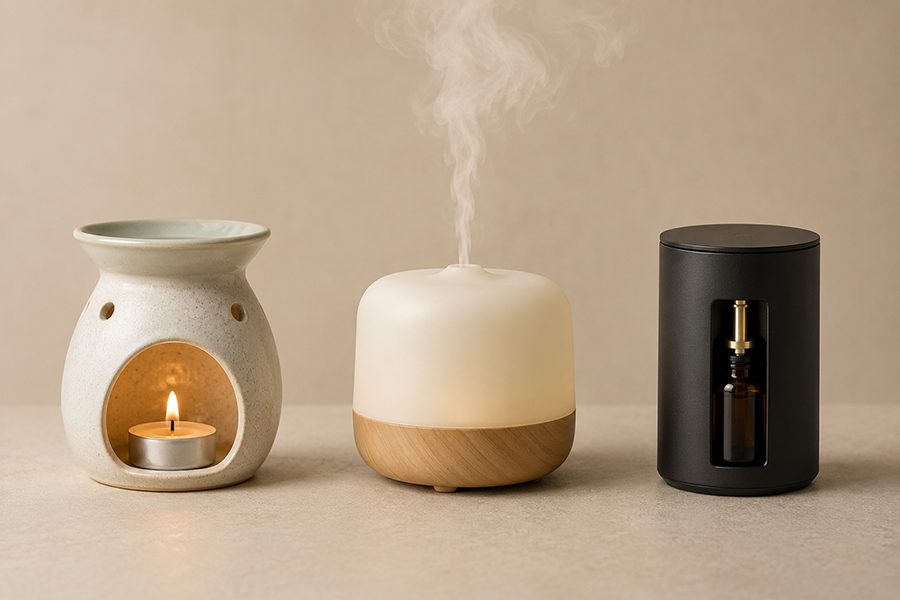 so sánh đèn xông tinh dầu máy khuếch tán siêu âm và máy phun tinh dầu